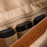 Interior of Versa camera bag featuring secure zip storage and holder for camera batteries