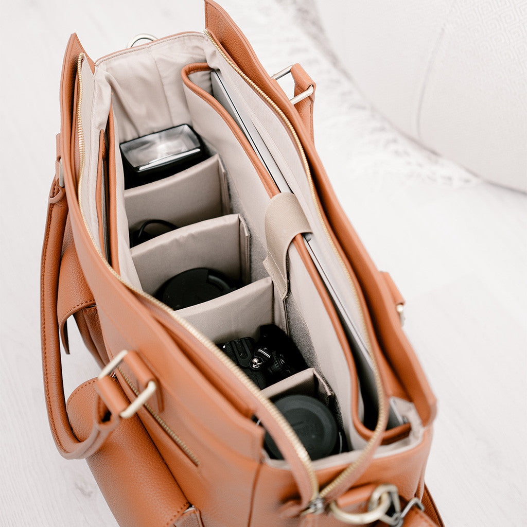 Inside Camera handbag with camera, lenses, flashes and accessories