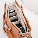 Inside Camera handbag with camera, lenses, flashes and accessories